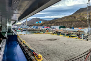 Docked at the pier in Longyearbyen at 8:00 a.m.